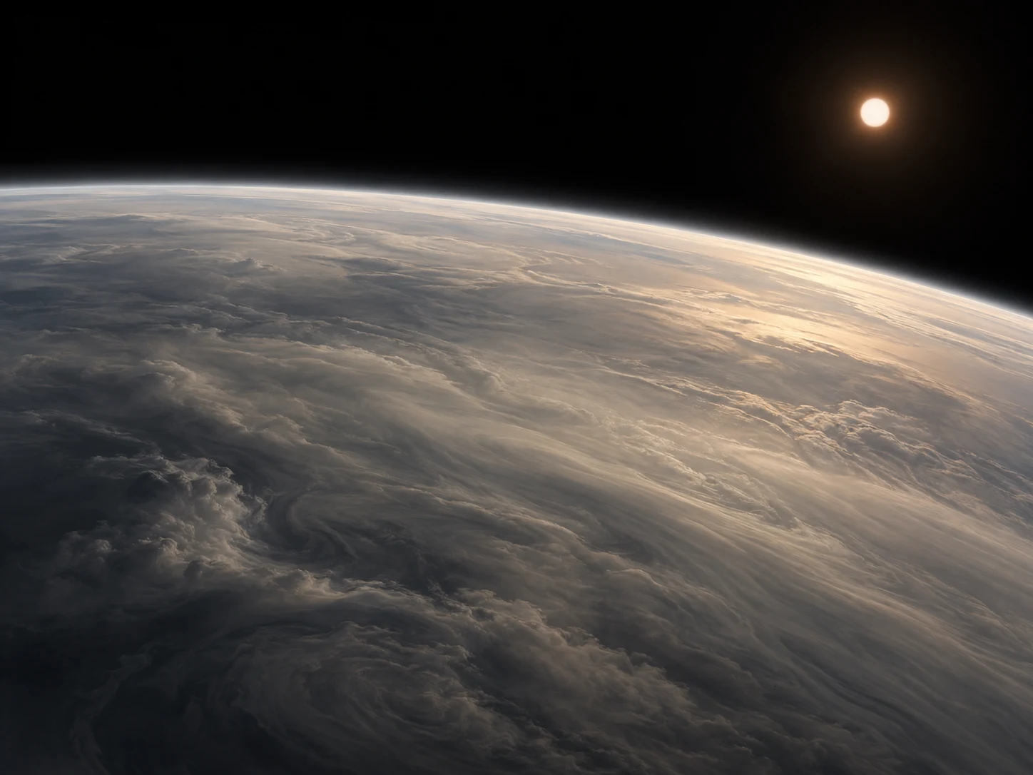 Illustrative curved cloud horizon beneath a warm star; the haze and cloud layers are hypothetical