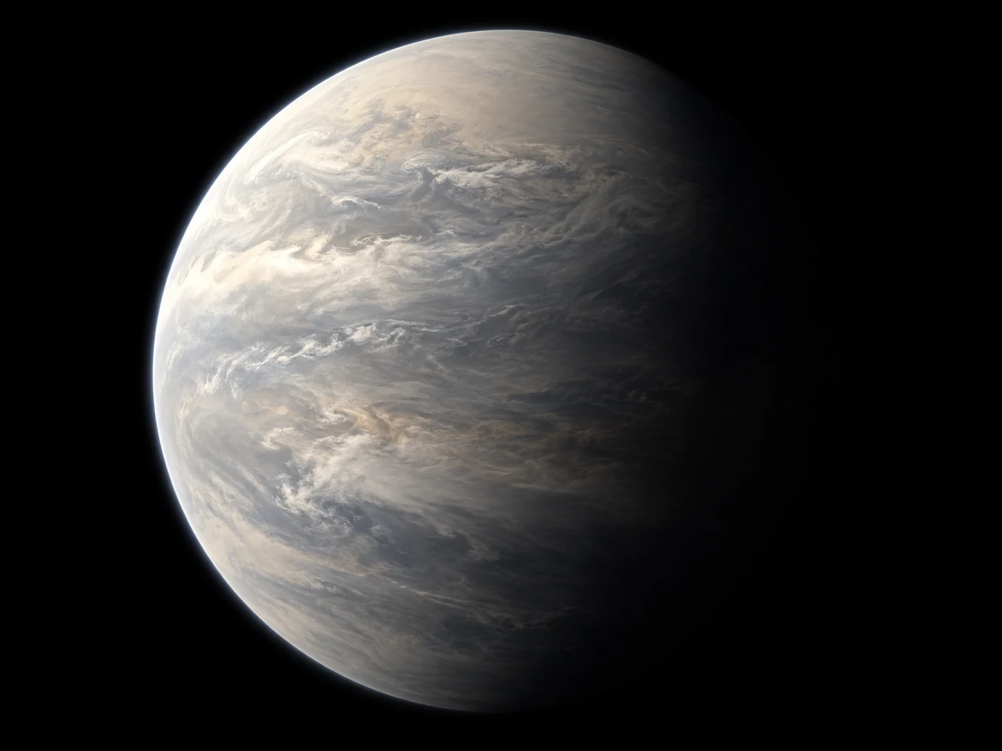 Artist’s interpretation of a pale, cloud-covered sub-Neptune against space; cloud colour and weather are not measured