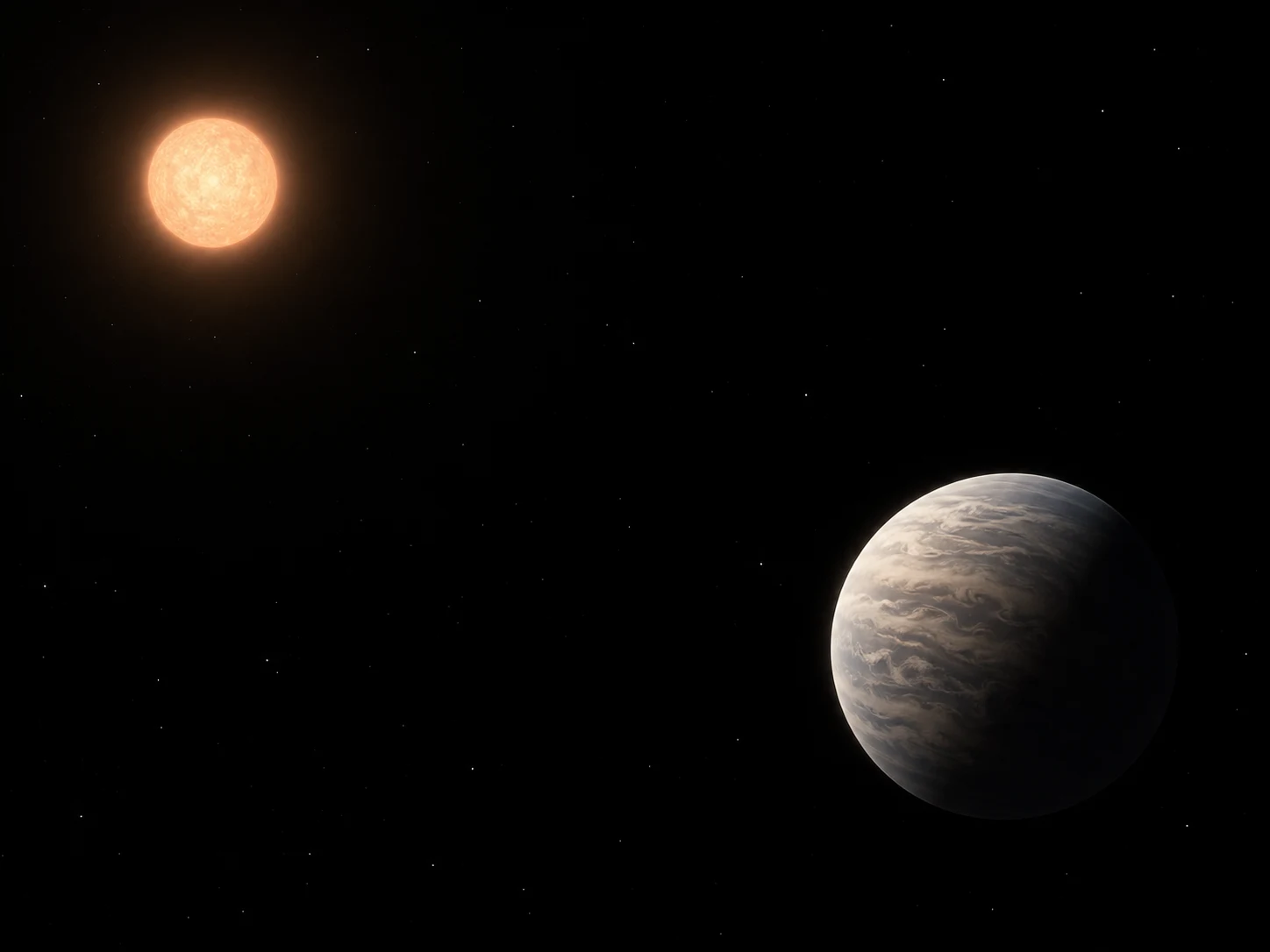 Artist’s perspective of the candidate and its warm M dwarf, with no additional planets depicted; sizes and distances are not on a common scale
